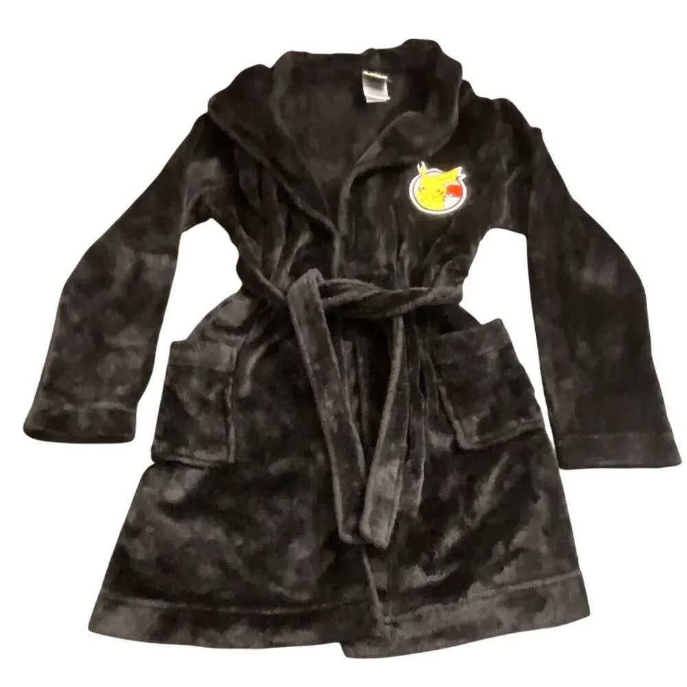 Pokémon Pikachu Boys Plush Fleece Bathrobe Black Belted Size 10/12 Cozy Bedtime